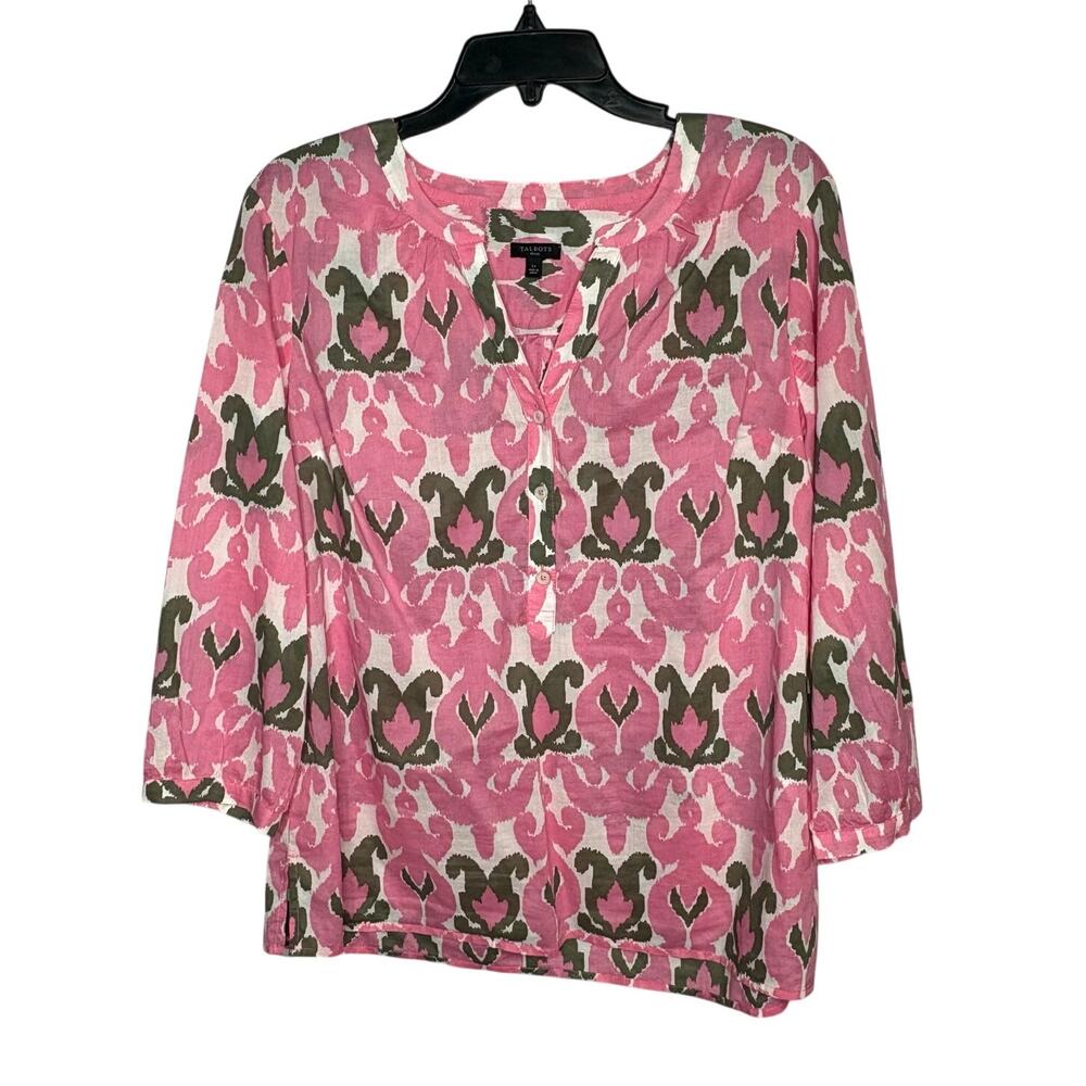 Talbots 100% Cotton Ikat Popover 3/4 Sleeve Lightweight Blouse Size Large Petite